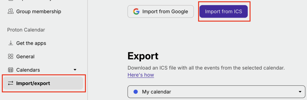 Proton Calendar highlighting the "Import/export" section and "Import from ICS" button