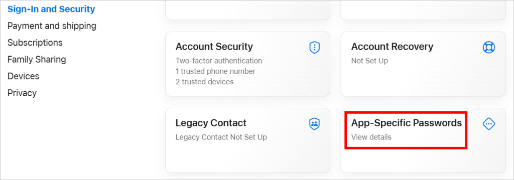 How to access the Apple app-specific passwords setting
