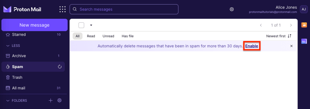 Option to enable auto-delete unwanted messages in the banner of your spam and trash folders