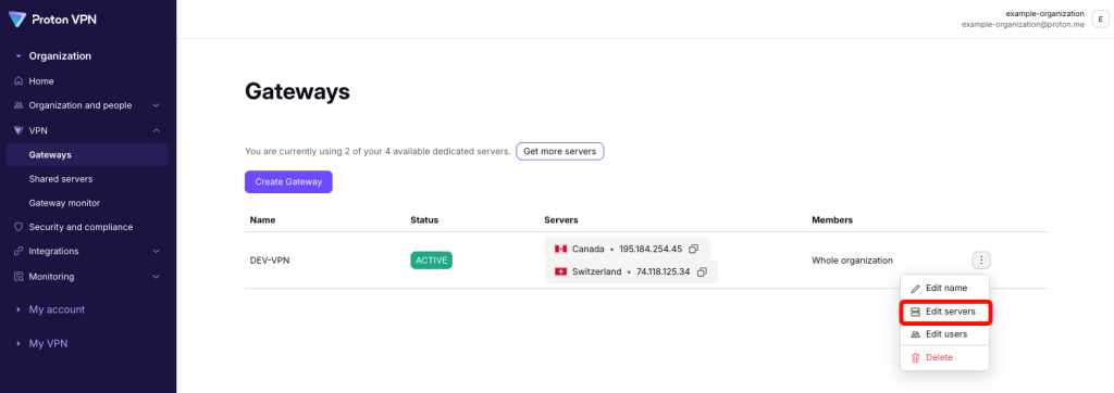 Edit Gateway servers
