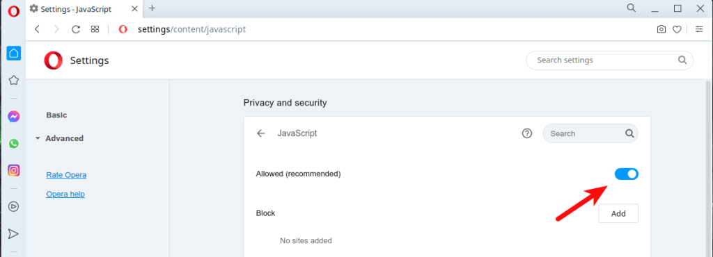 Image of how to enable JavaScript in Opera desktop