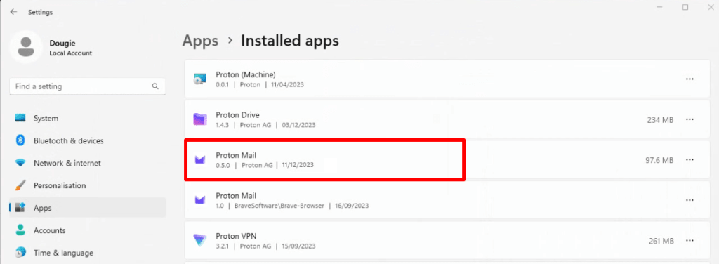 How to uninstall the Proton Mail app on Windows 11