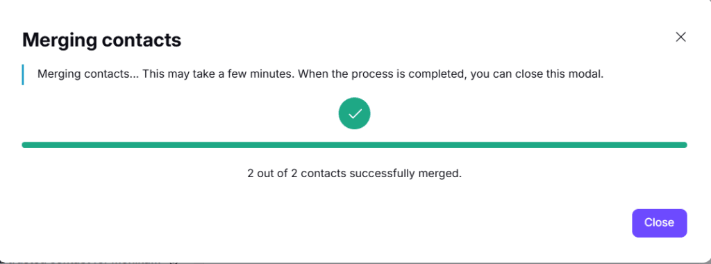 Notification that your contacts have been successfully merged