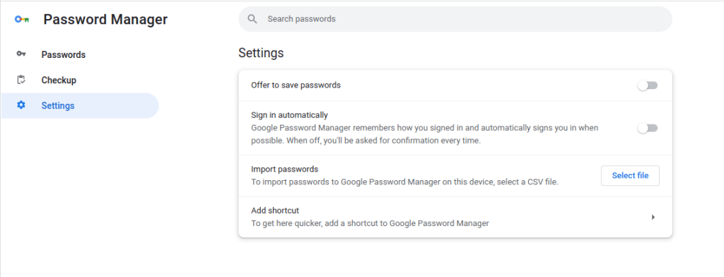 Google Password Manager settings off