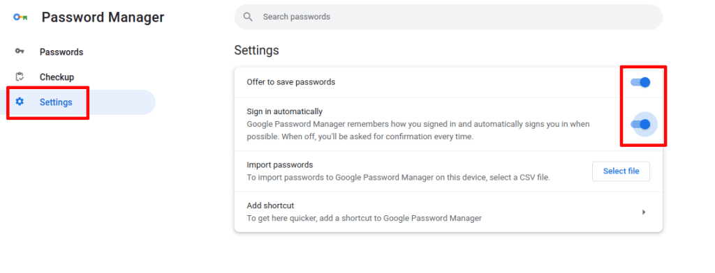 Impostazioni di Google Password Manager attive su