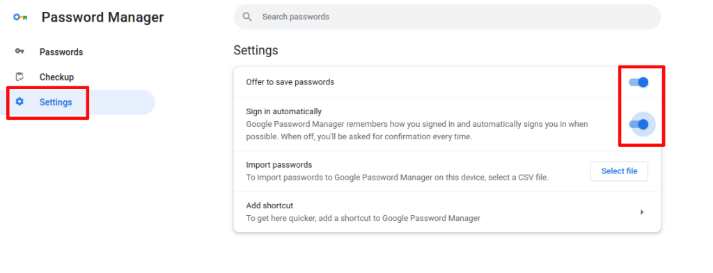 Google Password Manager settings on