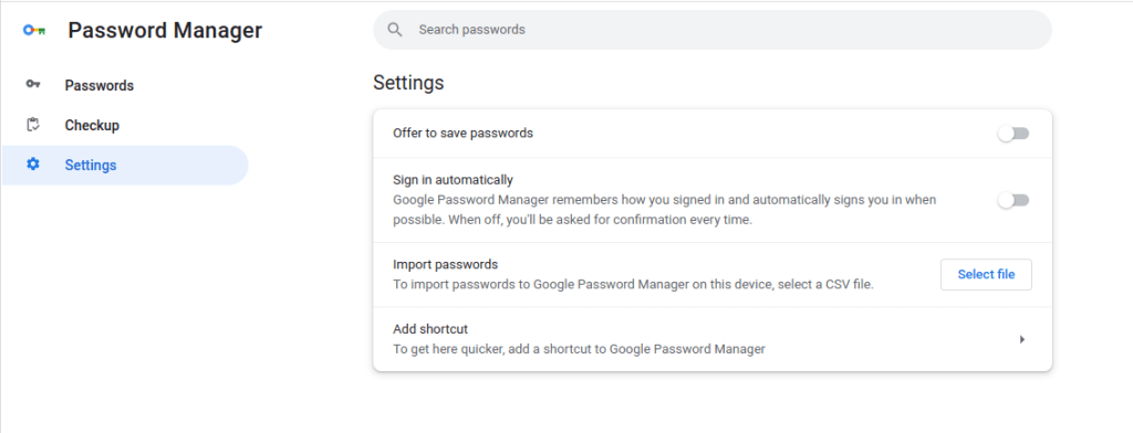 Impostazioni di Google Password Manager disattive