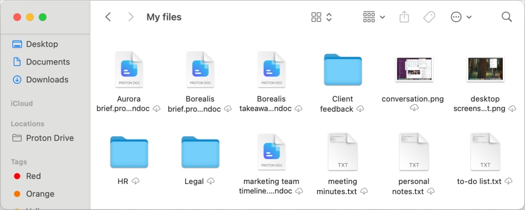 Files and folders with a cloud icon in the Proton Drive app for Mac OS are online only