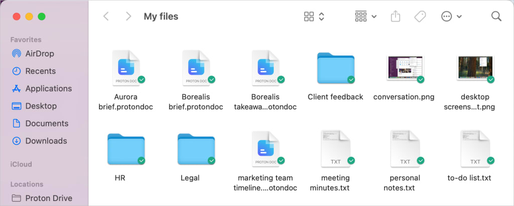 Files and folders with a green checkmark in the Proton Drive app for Mac OS are always available offline