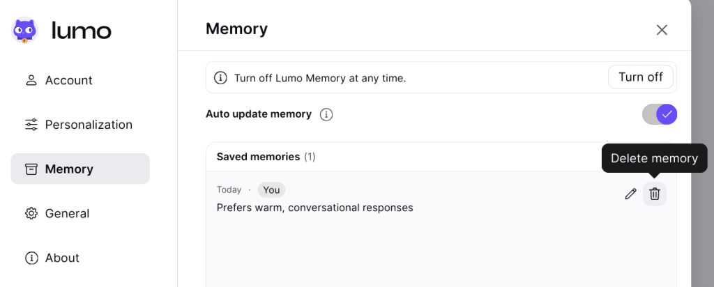 Lumo Memory settings screen showing a saved memory with the Delete memory icon highlighted.