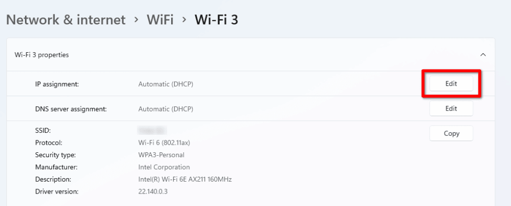 Edit IP assignment WiFi