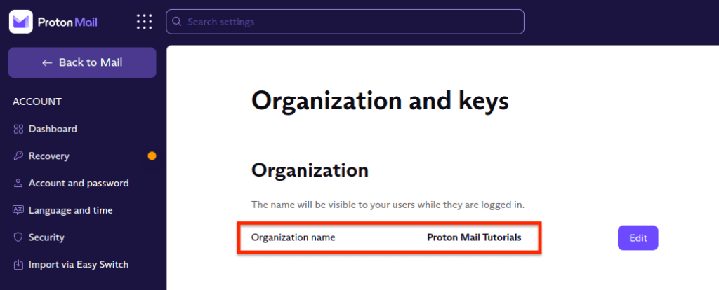 Organization name in the Organization and keys section of your settings