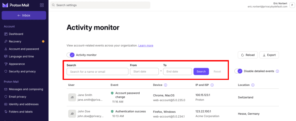 Search for activity events