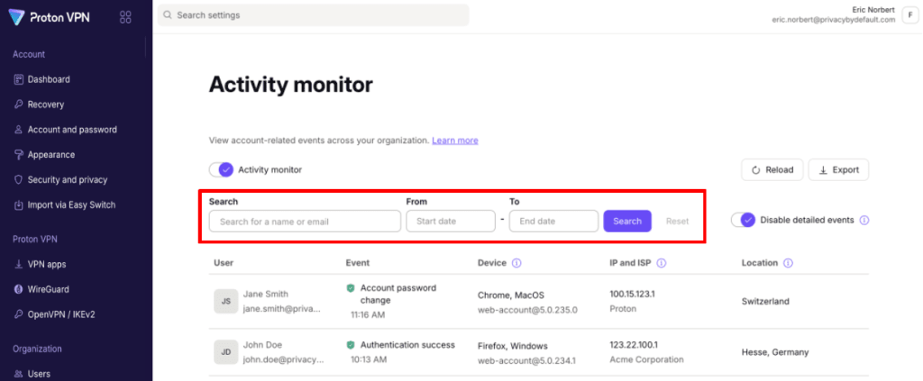 Search for activity events