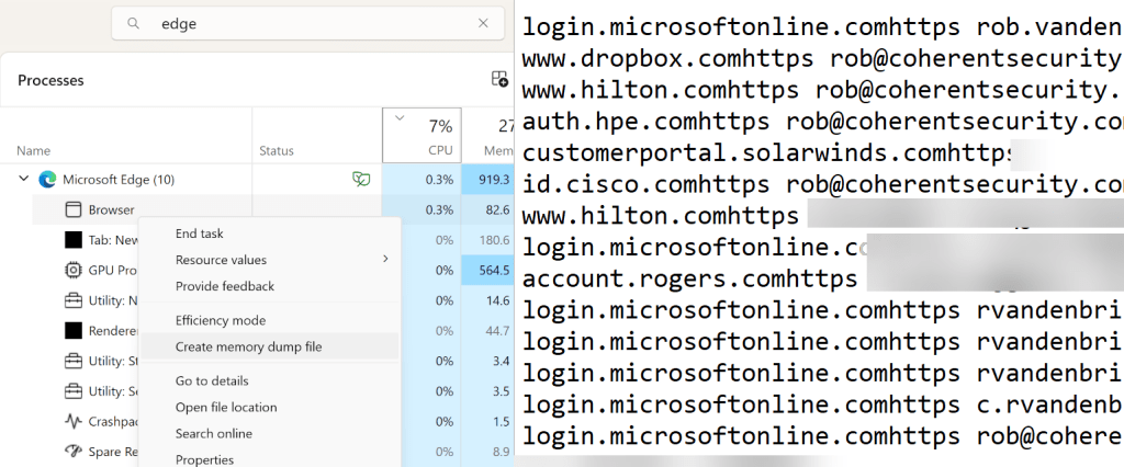 Two side-by-side panels showing how to easily create a memory dump file for Microsoft Edge using the Windows Task Manager and how to easily view all saved passwords in the captured DMP file