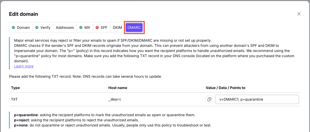 How to update your DMARC records when using custom domains in Proton Mail