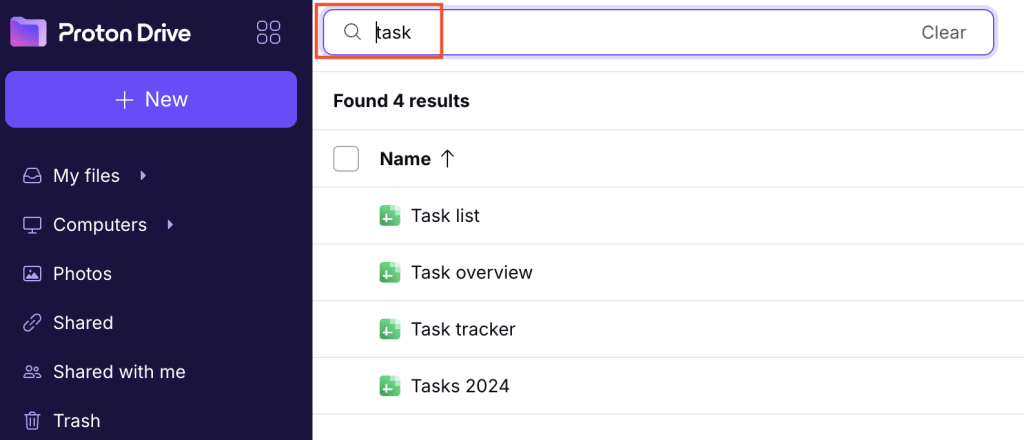 How to search for spreadsheets in Proton Drive