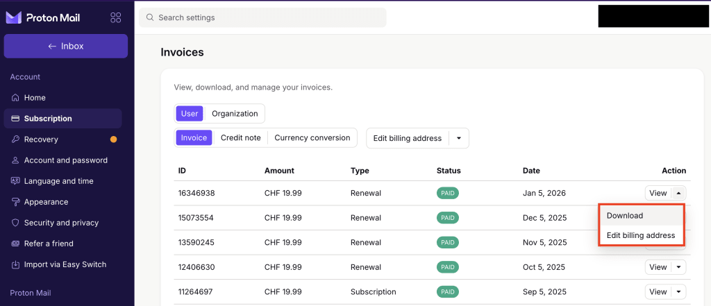 How to download an invoice in Proton Account settings