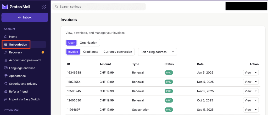 How to access your invoices in Proton Account settings