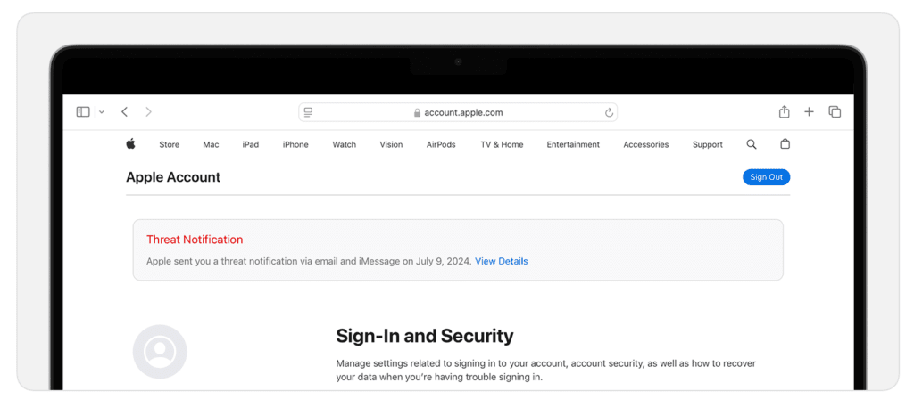 Threat notification warning (curtsy of the Apple support website)