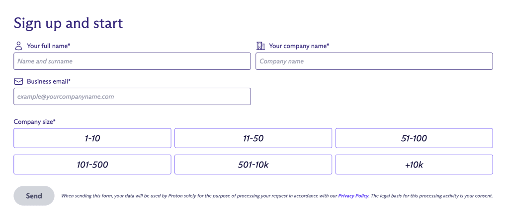 Business plan signup start screen