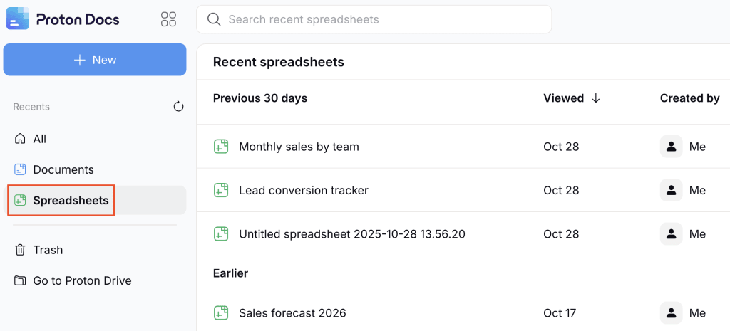 How to filter by spreadsheets in Proton Docs