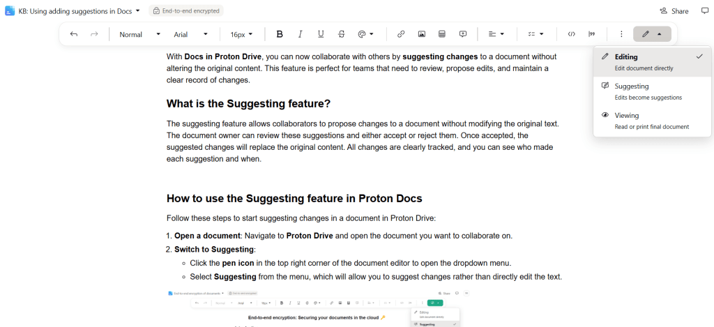 Switching to editing mode in Docs in Proton Drive