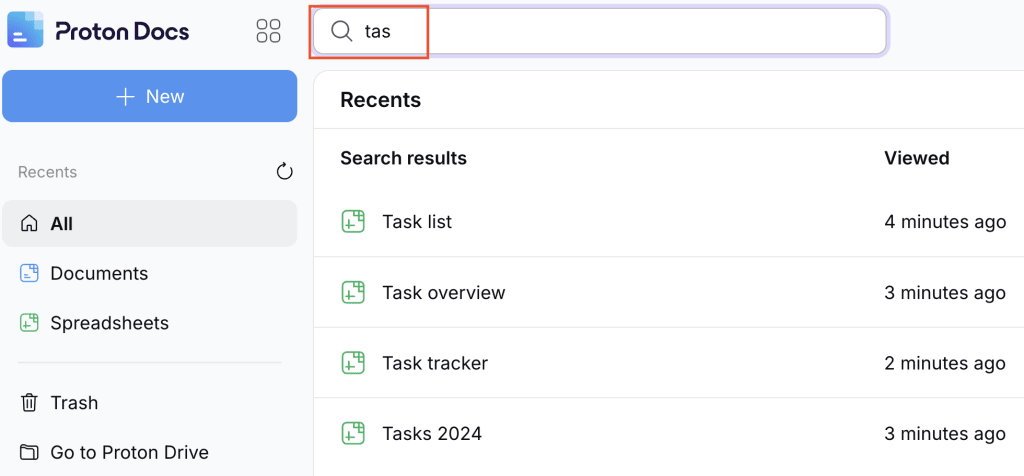 How to search for spreadsheets in the Proton Docs homepage