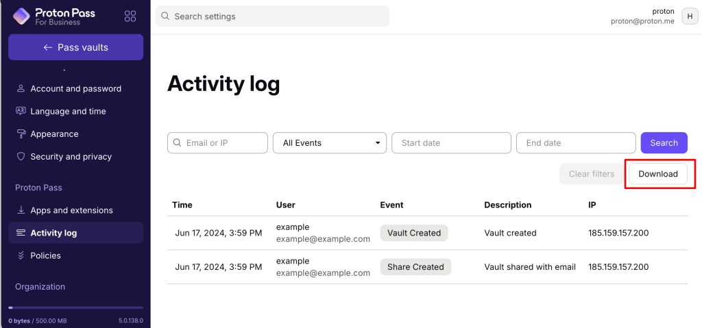 Export the logs as a CSV file