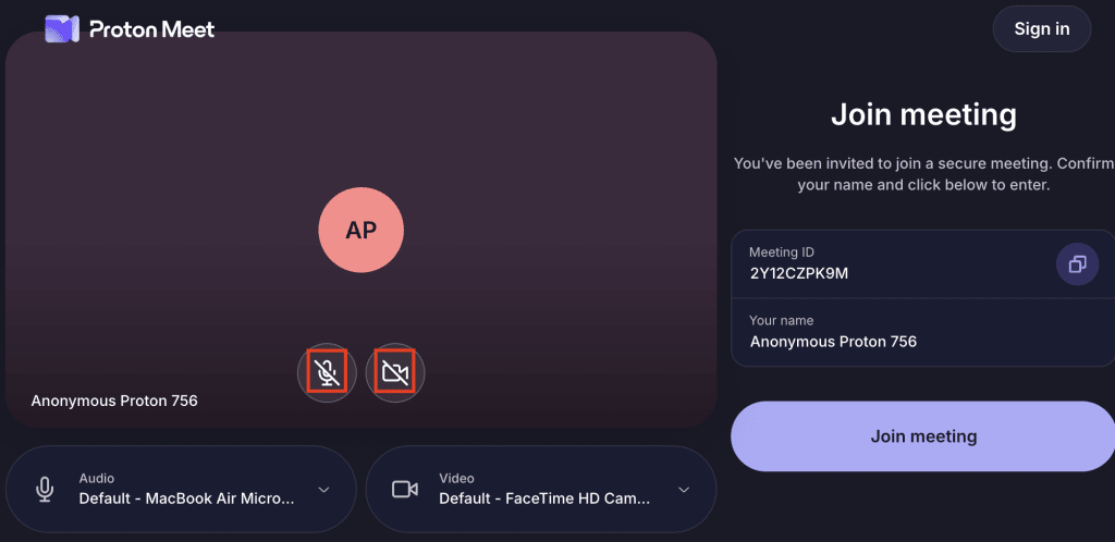 Turn on microphone and webcam when using Proton Meet