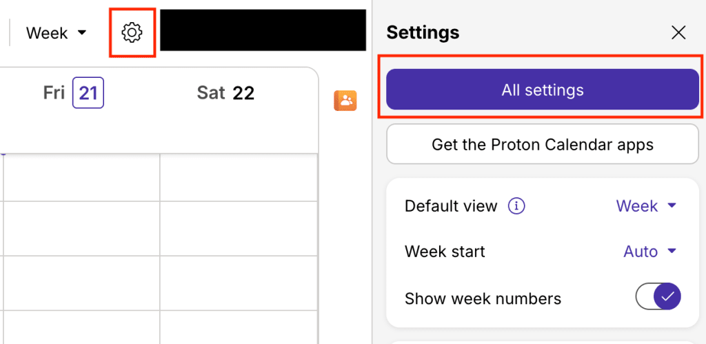 Proton Calendar highlighting the settings button and "All settings" button