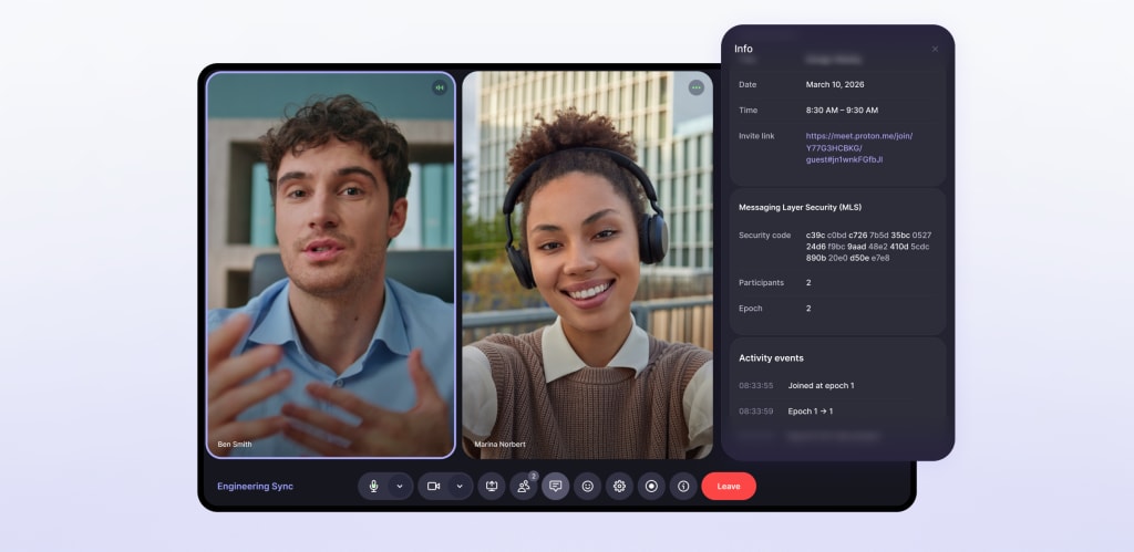 Image depicting information about Proton Meet's Messaging Layer Security implementation displayed in a window within an ongoing video call