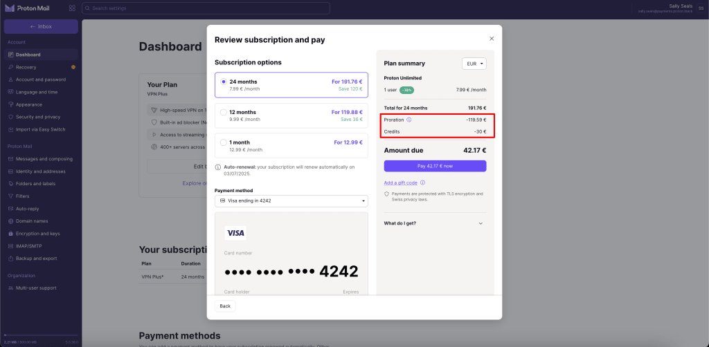 Proration and credits totals