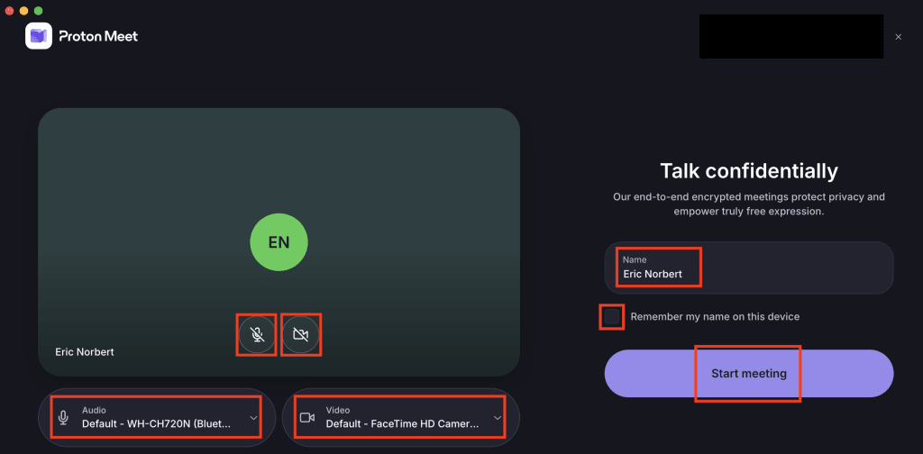Enter your name and before joining a meeting using the Proton Meet desktop app