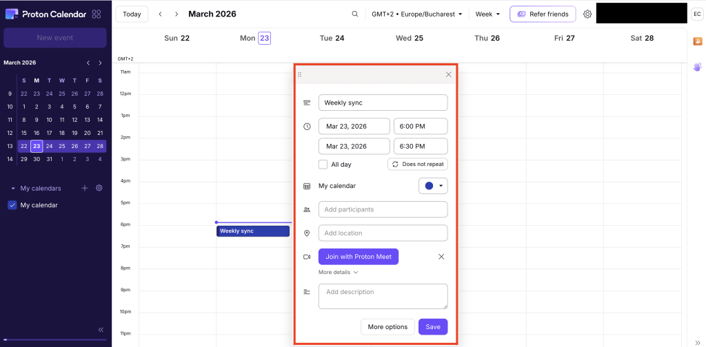 Schedule a meeting in Proton Calendar using the Proton Meet desktop or web app