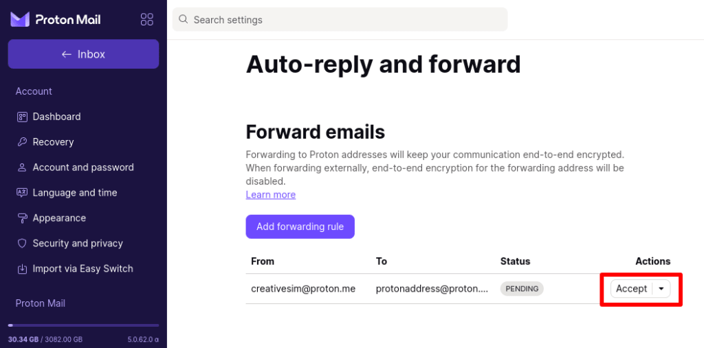 Confirm the request in your Proton Mail settings