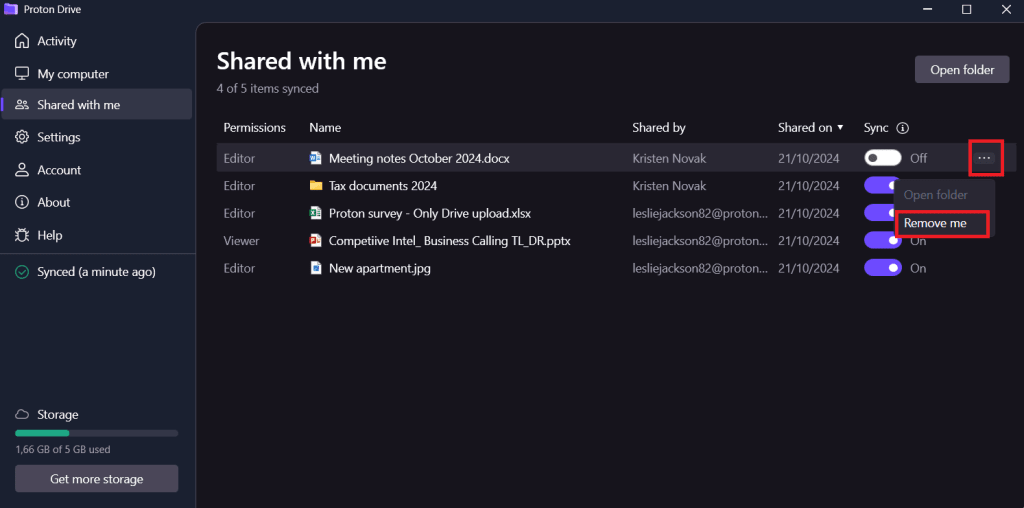 Remove your access to a shared file in Proton Drive for Windows