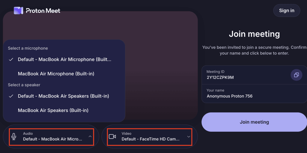 Select audio and video devices when using Proton Meet