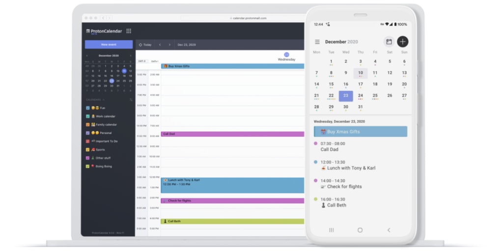 An illustration of the Proton Calendar Android and web apps syncing.