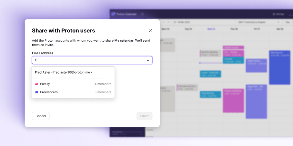 Proton Calendar showing a box to enter email addresses or contact lists to share a calendar with