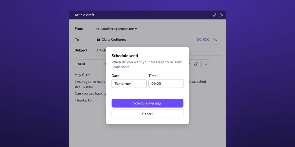 Schedule send options box to set the delivery time for your email