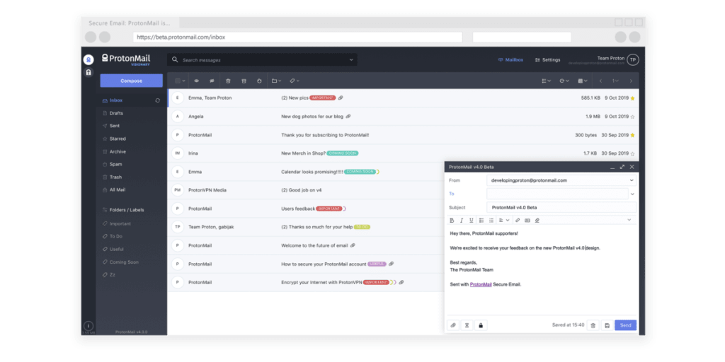 illustration of Proton Mail Version 4.0 Inbox