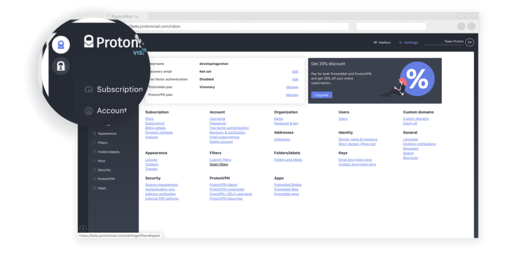 illustration of Proton Mail Settings menu