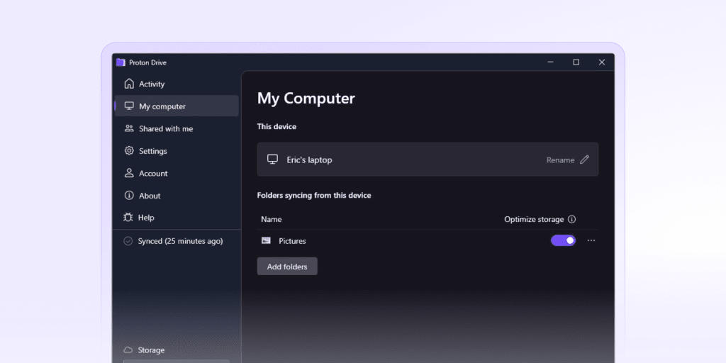 The Proton Drive "My computer" tab shows syncing folders and the "Optimize storage" option