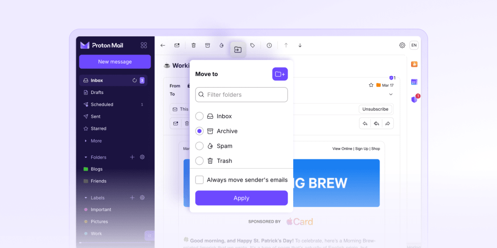 Proton Mail shows how to move emails to other folders