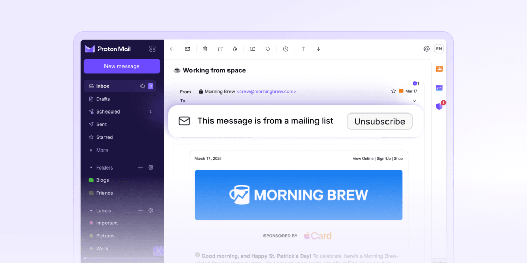 The Proton Mail "Unsubscribe" button
