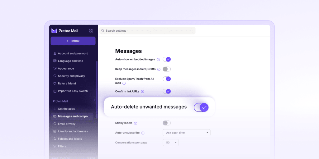 The Proton Mail settings highlight the "Auto-delete unwanted messages" option