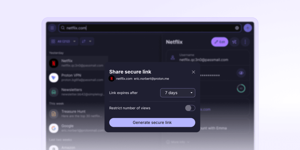 Proton Pass shows the option to share a secure link