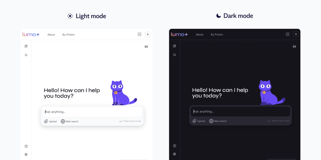 The Lumo interface in Light and Dark mode