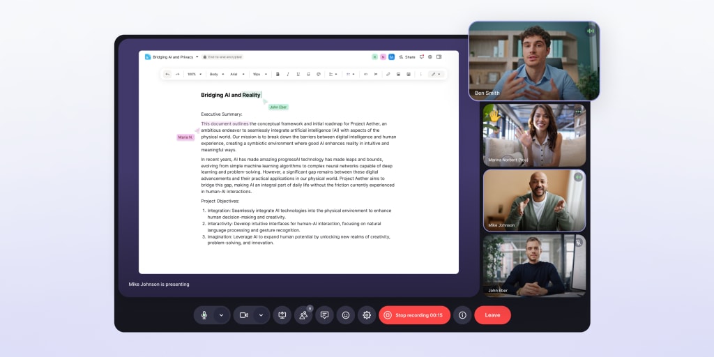 Image depicting screen sharing and screen recording in Proton Meet with four participants and a Proton Doc under discussion